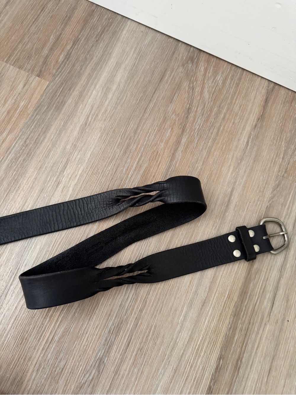 Black Genuine Leather Belt Size 38 Braided Detail Silver Buckle Western Y2K